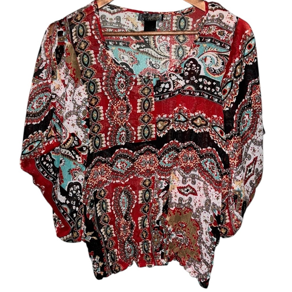 Mandee Boho Flowy Mix Pattern Blouse Size Small